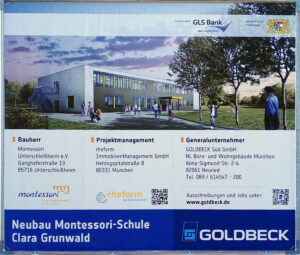 Ein optisch aufbereitetes Bild der Bautafel des neuen Schulhauses.